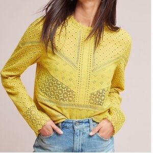 James Coviello yellow long sleeve eyelet lace top Size S”